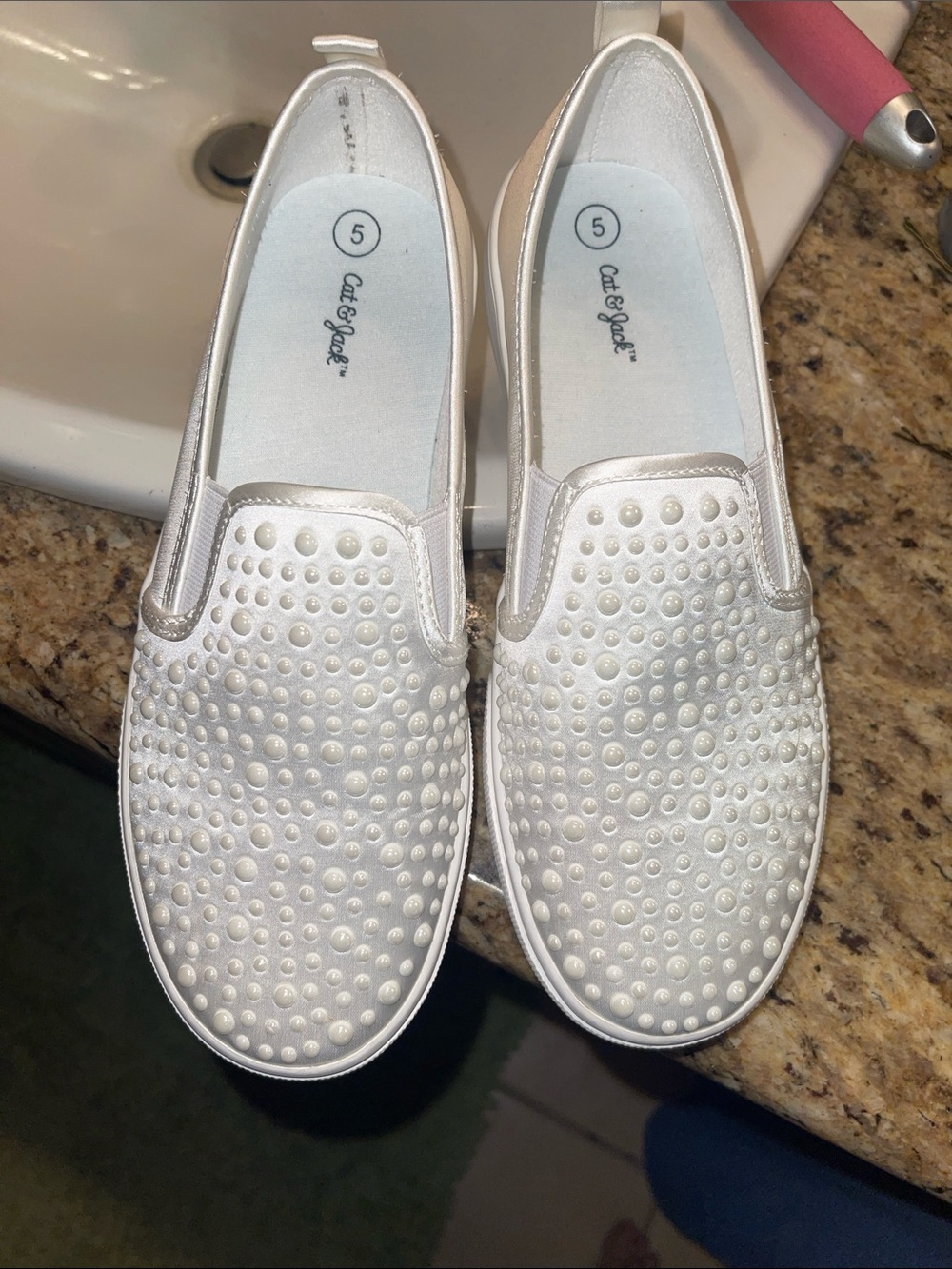 Cat & Jack Pearl-Embellished Slip-On Moccasins in pearl white.